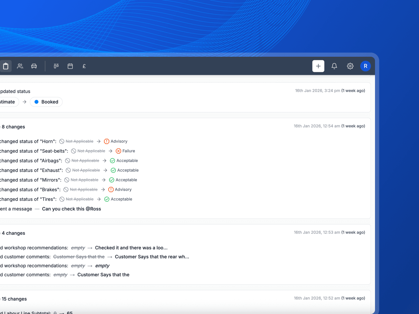 Activity log interface
