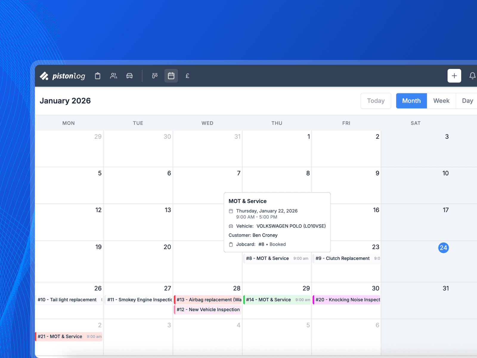 Interactive garage calendar interface