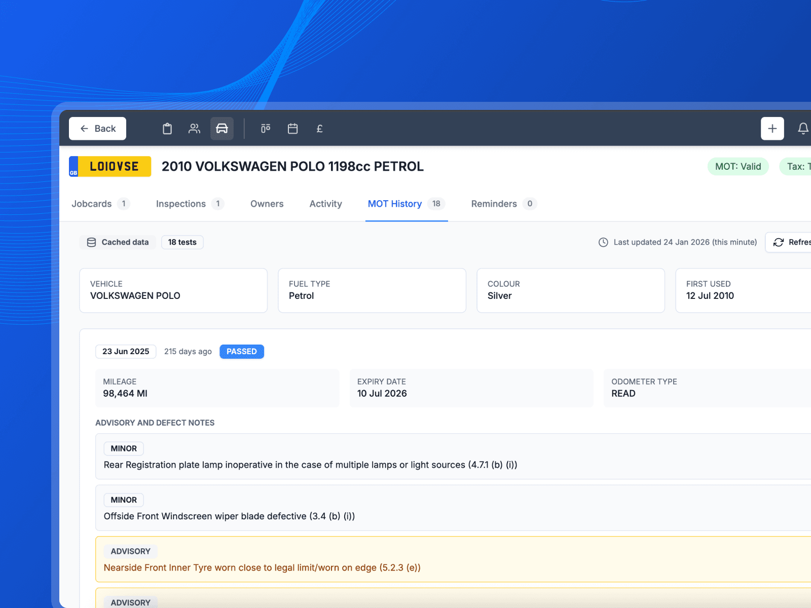 Vehicle MOT data interface