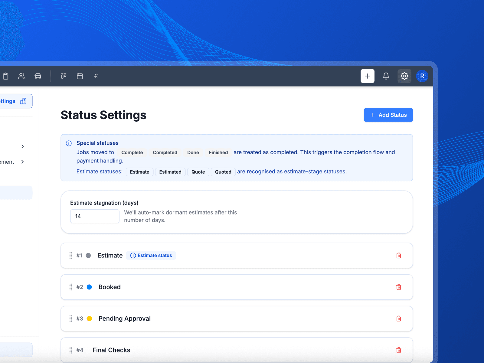 Pistonlog settings screen where the garage sets up its own statuses