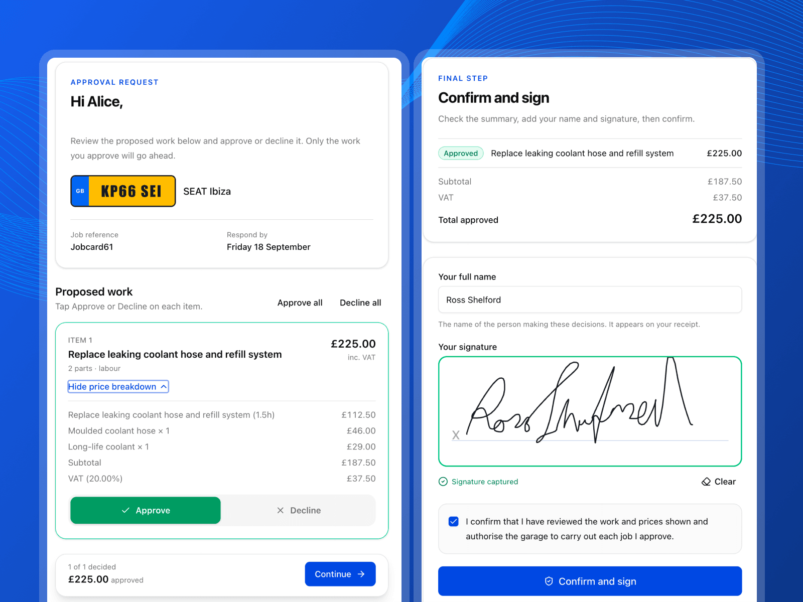 Pistonlog customer approval request showing approved work, pricing and captured signature
