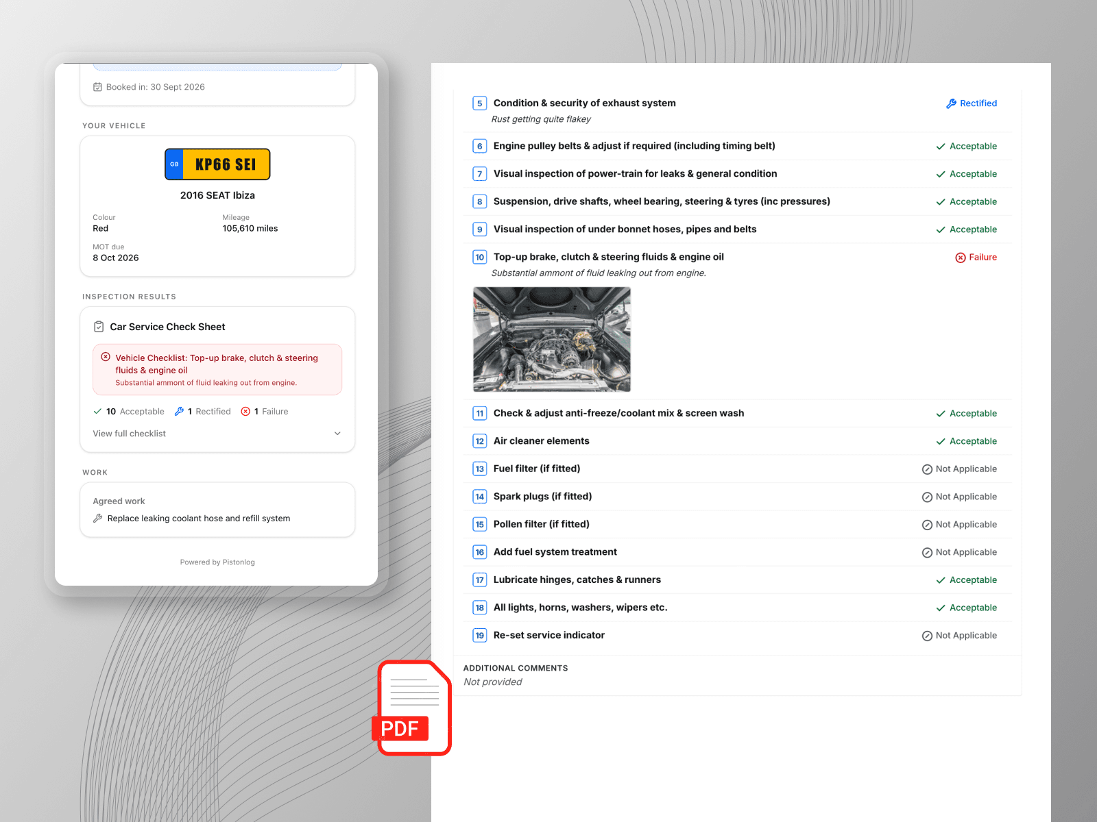 Customer-facing Pistonlog inspection report shown on a phone and as a PDF
