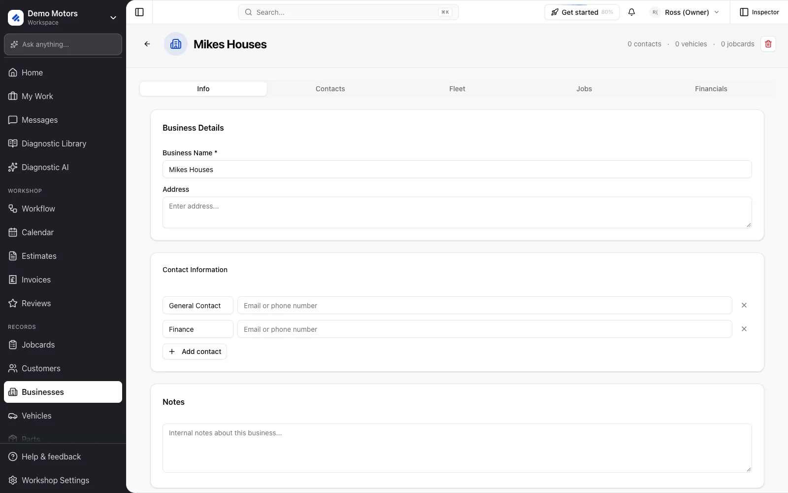A business account with Info, Contacts, Fleet, Jobs and Financials tabs.