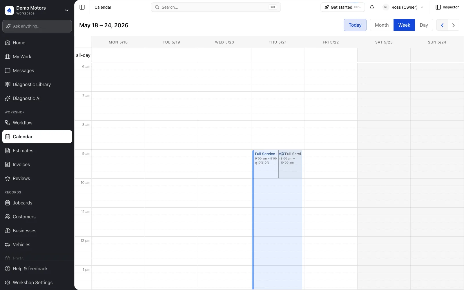 Week view. Bookings take the jobcard colour; the calendar itself is read-only, so open the booking to change it.