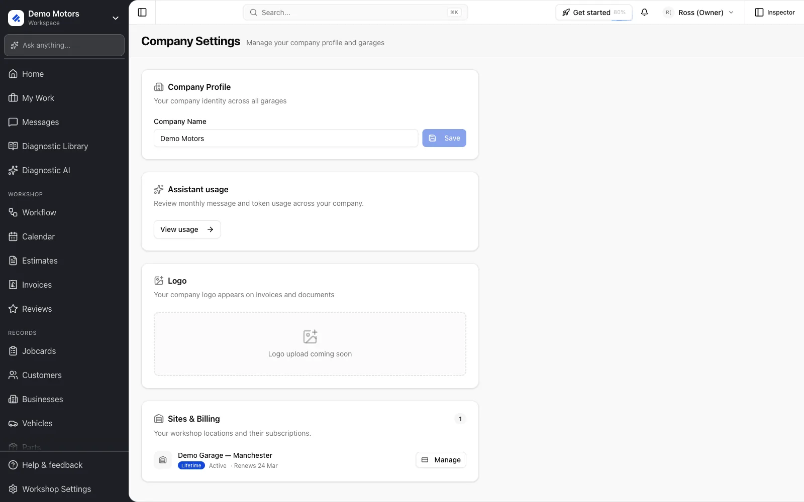 Sites & Billing on Company Settings lists each workshop and its plan.