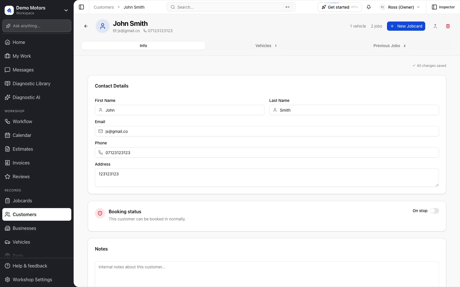 A customer record: contact details, booking status (On stop) and notes, saved as you type.
