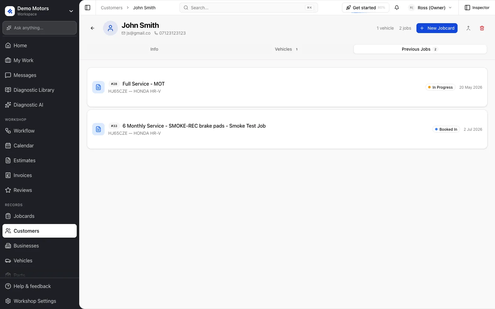 The Previous Jobs tab lists every jobcard for the customer.