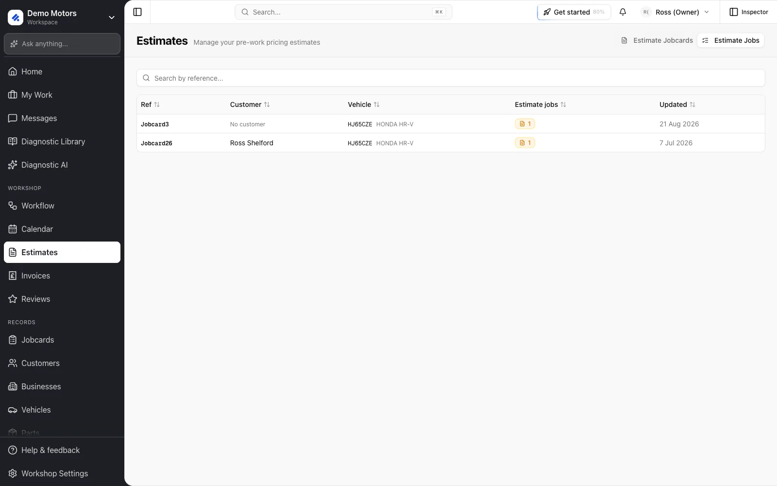 The Estimate Jobs view lists live jobcards that still carry jobs at estimate status.