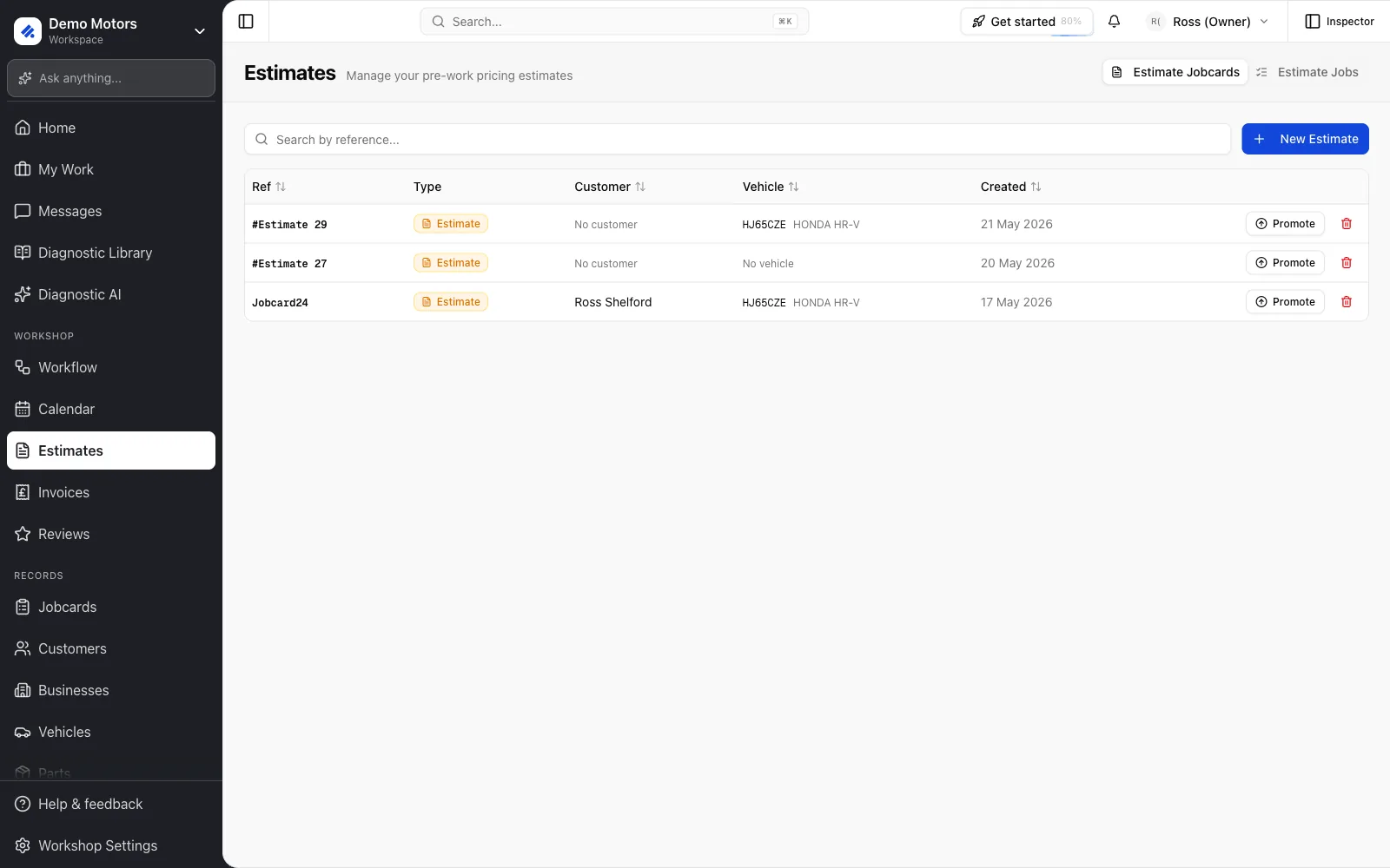 The Estimates page with the Estimate Jobcards view selected.