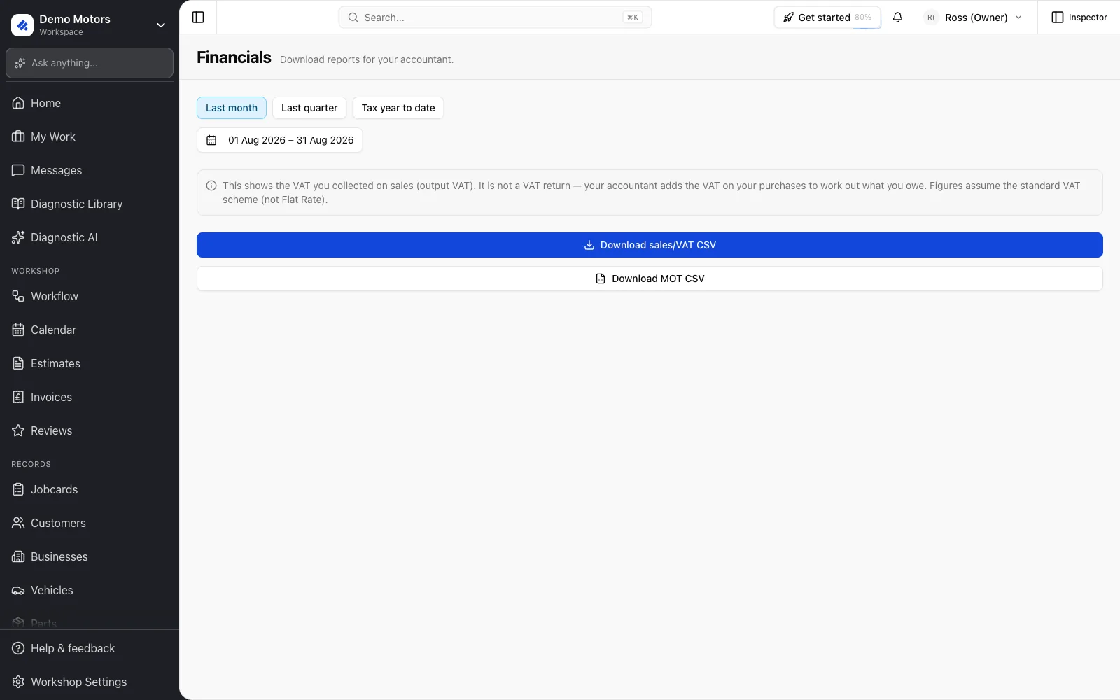 The export: pick a preset range, then download the sales/VAT CSV or the MOT CSV.