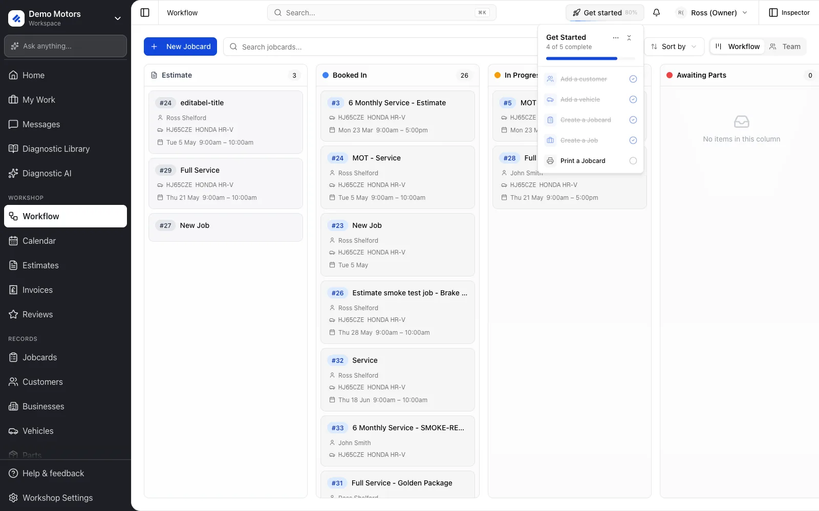 The Get started checklist in the top bar tracks your first customer, vehicle, jobcard and printout.