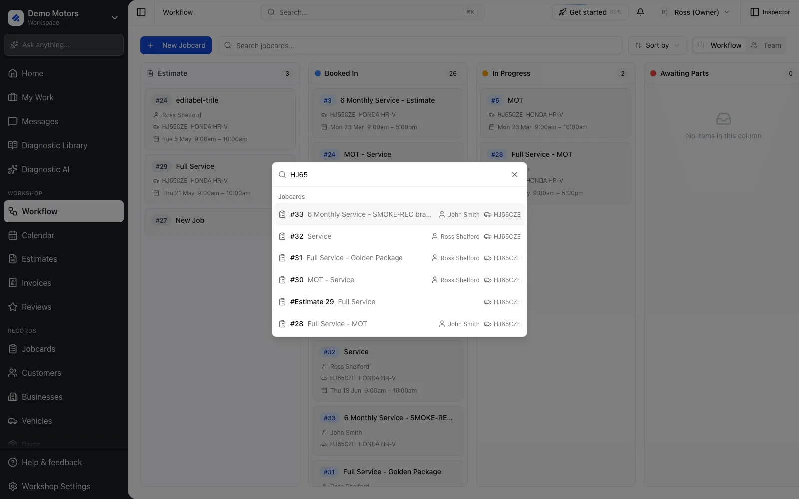 Global search (Cmd/Ctrl+K) matches name, email, phone and registration.