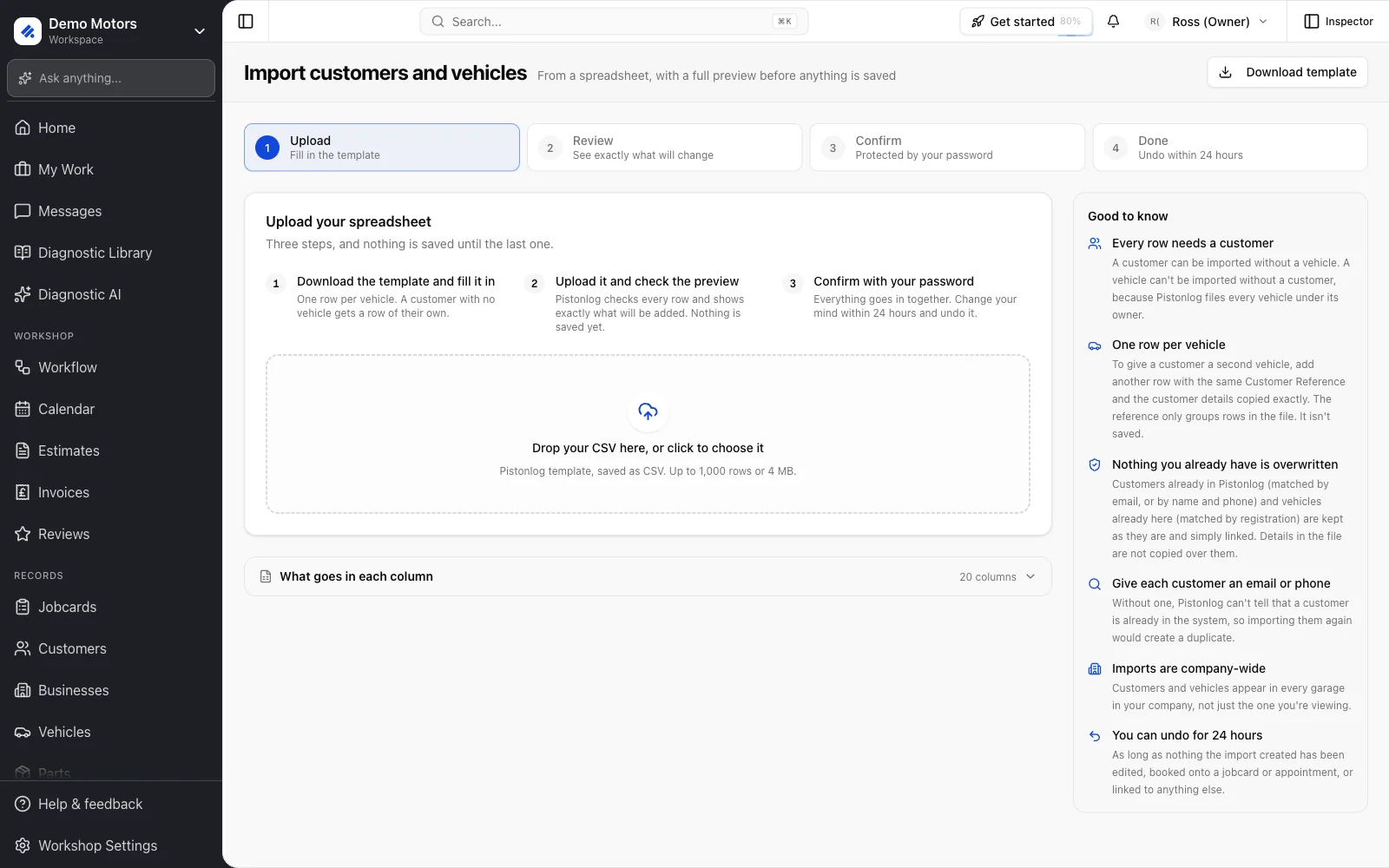 The import page: four steps, a drop zone for the CSV and the rules on the right.