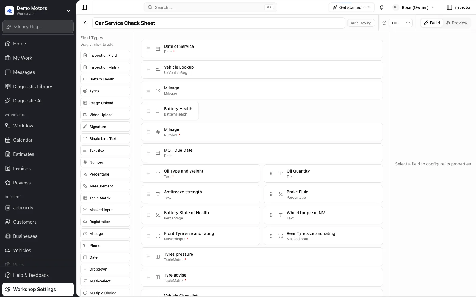 The template builder: field types on the left, the form in the middle, field settings on the right. Allotted hours and Build/Preview sit in the header.