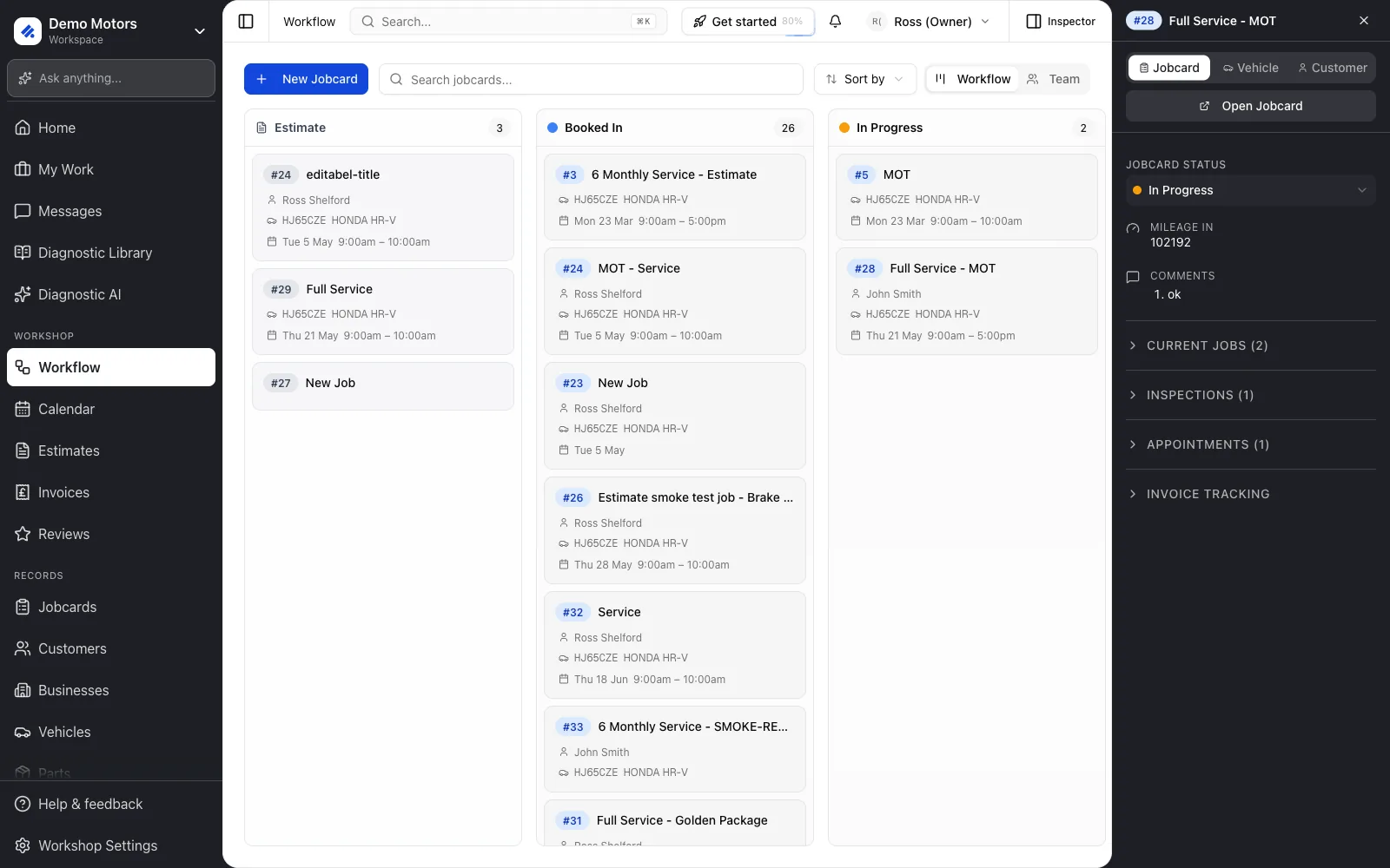 The Inspector panel open beside the Workflow board on the Jobcard tab.