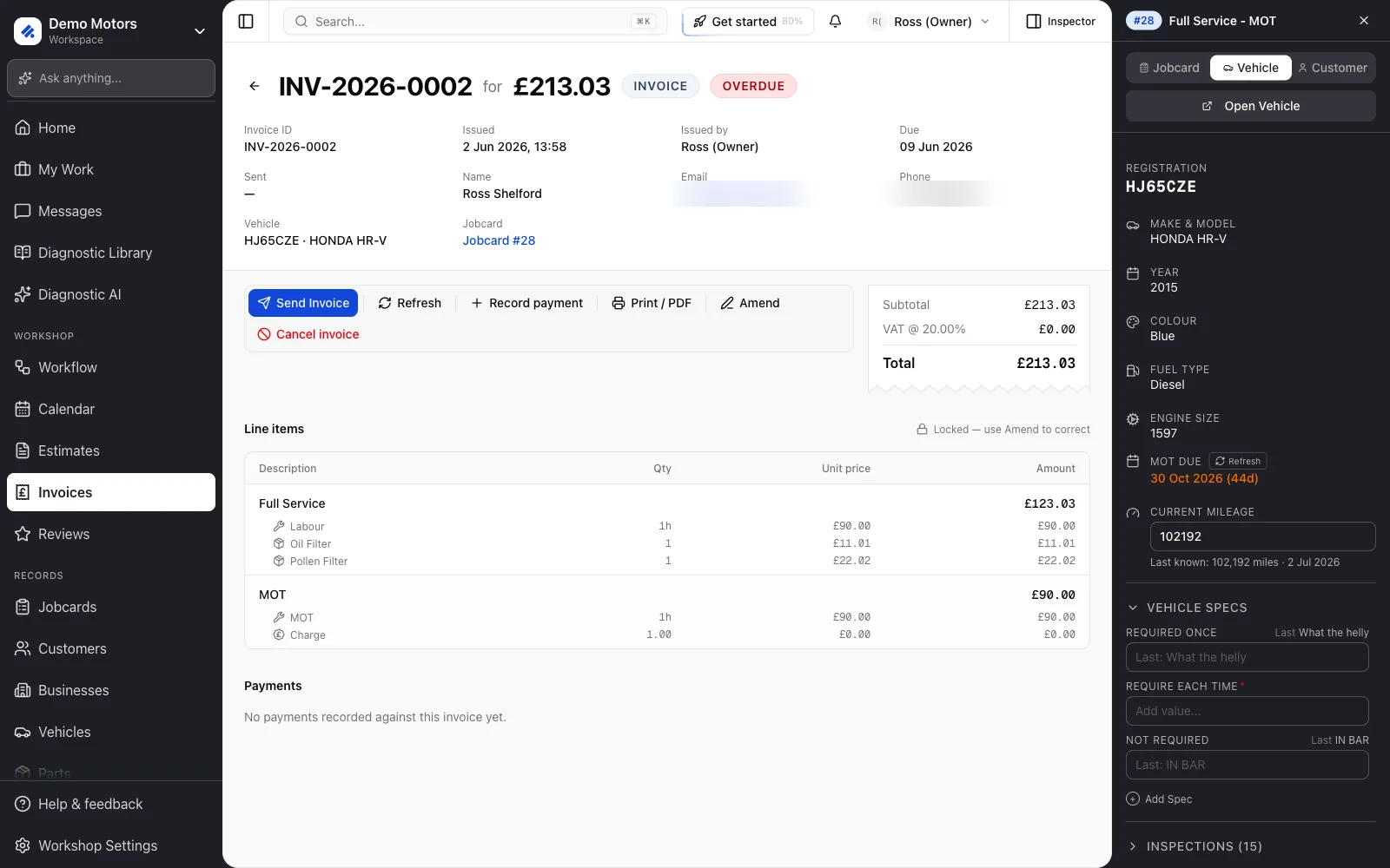 An issued invoice: the action bar offers Send, Refresh, Record payment, Print / PDF, Amend and Cancel.