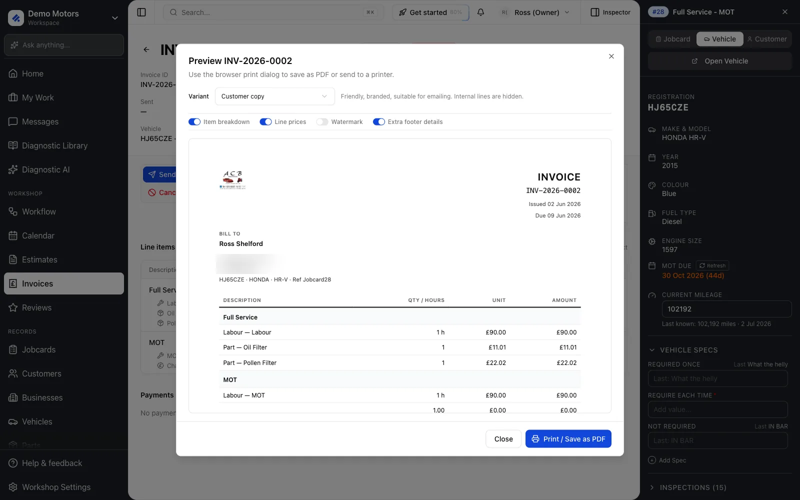 The invoice Preview dialog with the Variant selector and toggles.