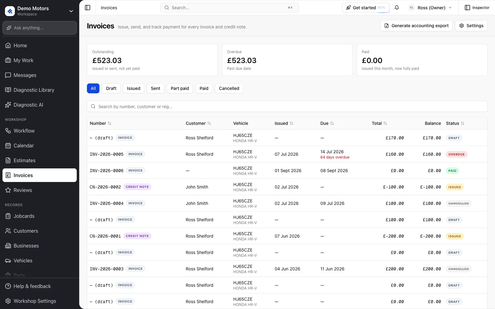 Generate accounting export sits in the header of the Invoices page.