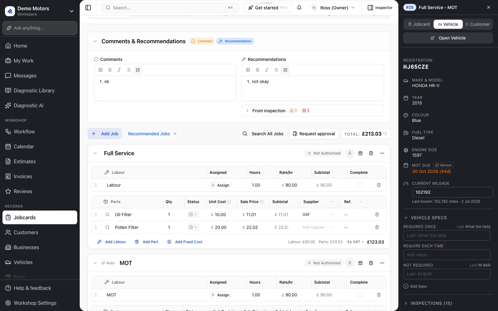 Comments and Recommendations expanded, with the From inspection block under Recommendations.