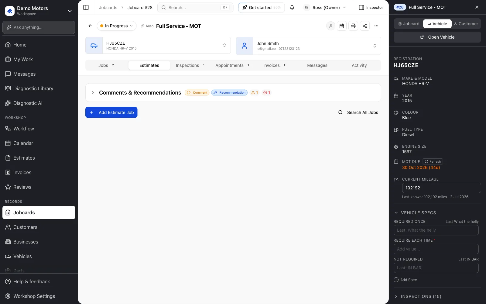 The Estimates tab on a live jobcard.