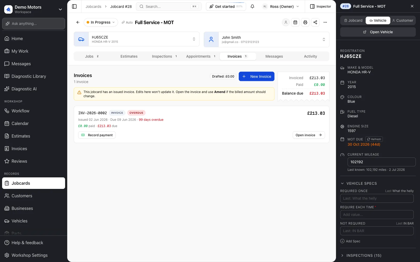 Record payment and Open invoice from the jobcard's Invoices tab.