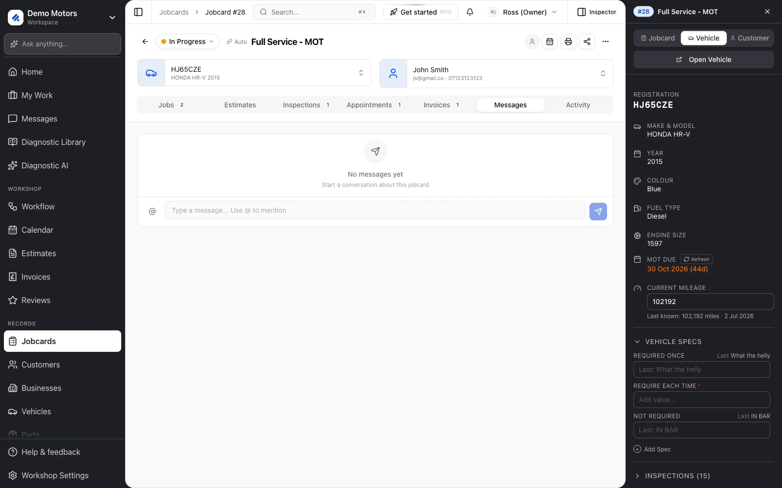 The Messages tab on a jobcard. Type @ to mention a teammate.