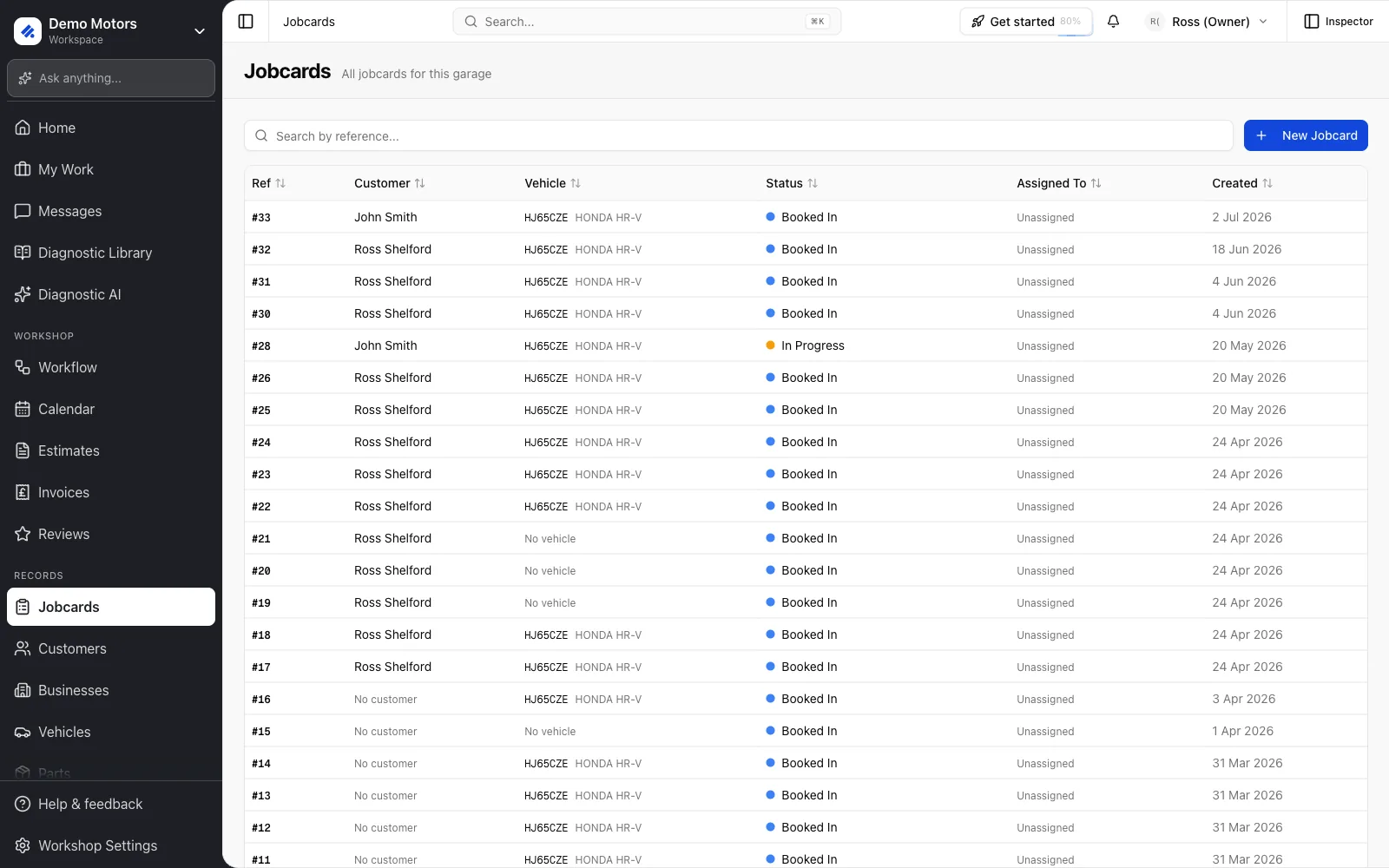 The Jobcards list: reference, customer, vehicle, status, assignee and created date.