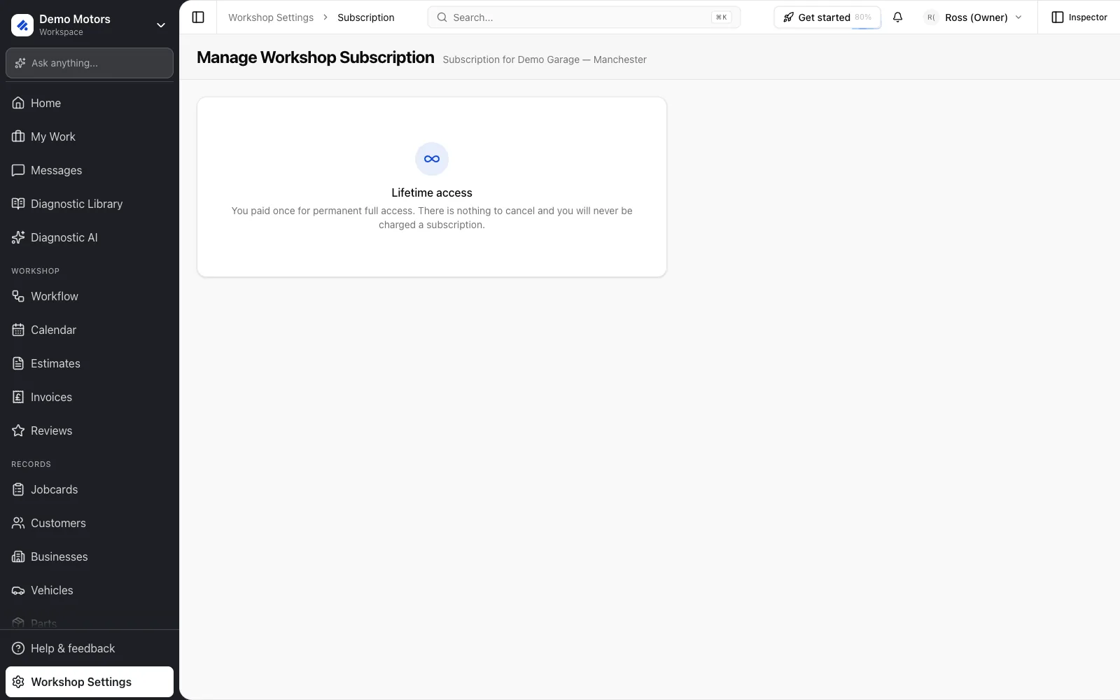 Manage Workshop Subscription. A Lifetime garage sees this instead of the cancel and resume controls.