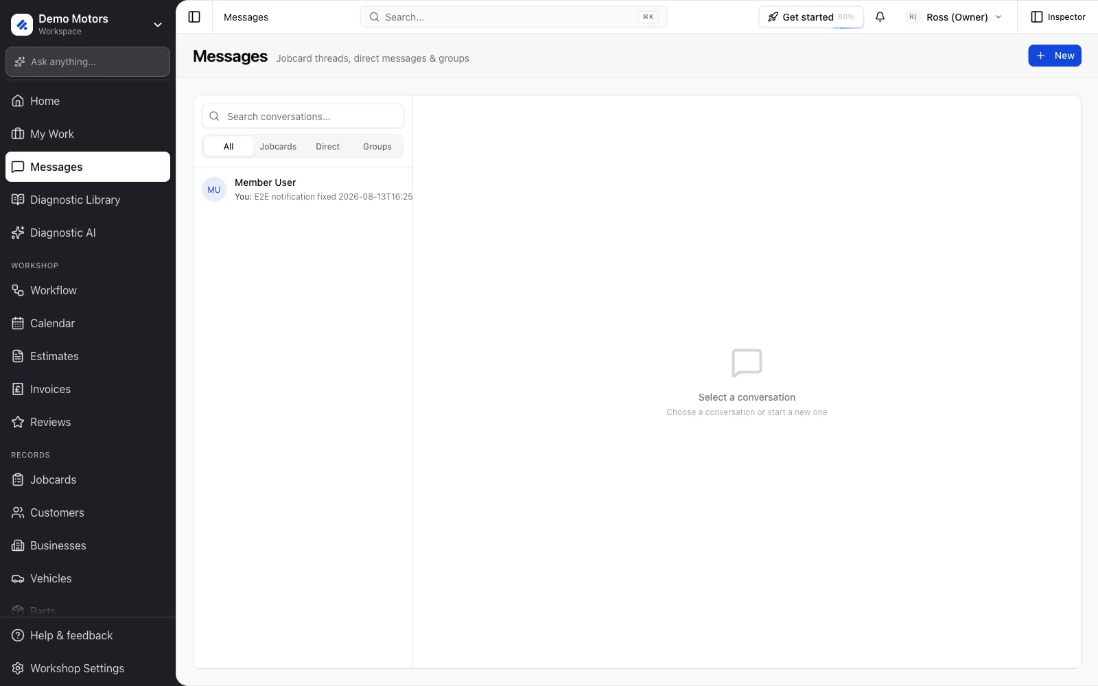 The Messages page: conversation list on the left, thread on the right.