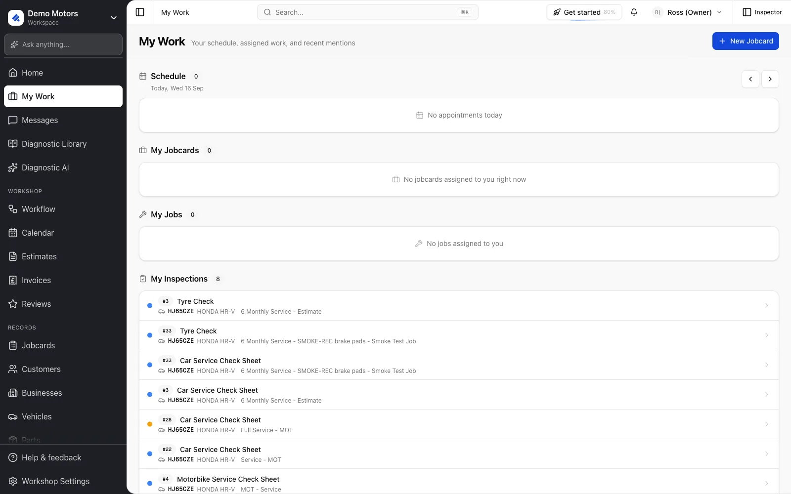 My Work: Schedule, My Jobcards, My Jobs, My Inspections and Recent Mentions.