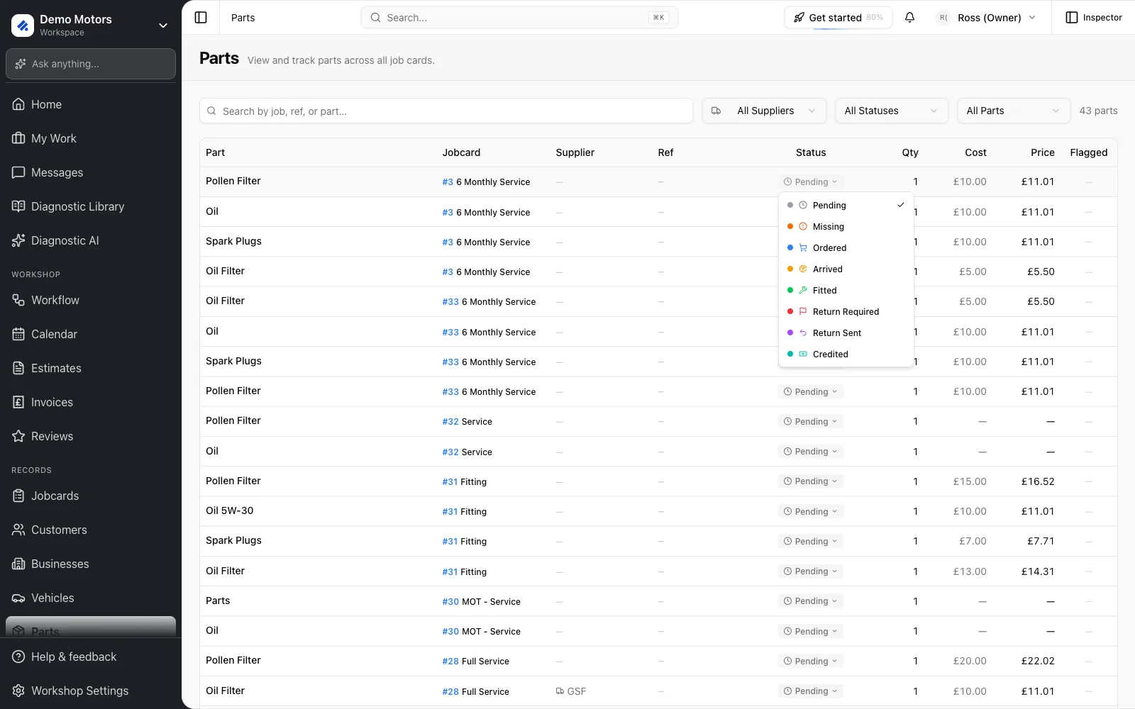 The eight order statuses, changed inline from the status dropdown.
