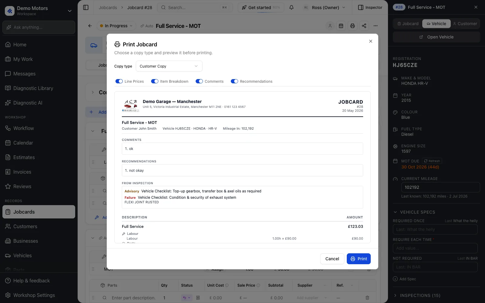 The Print Jobcard dialog with the copy type selector and toggles above a live preview.