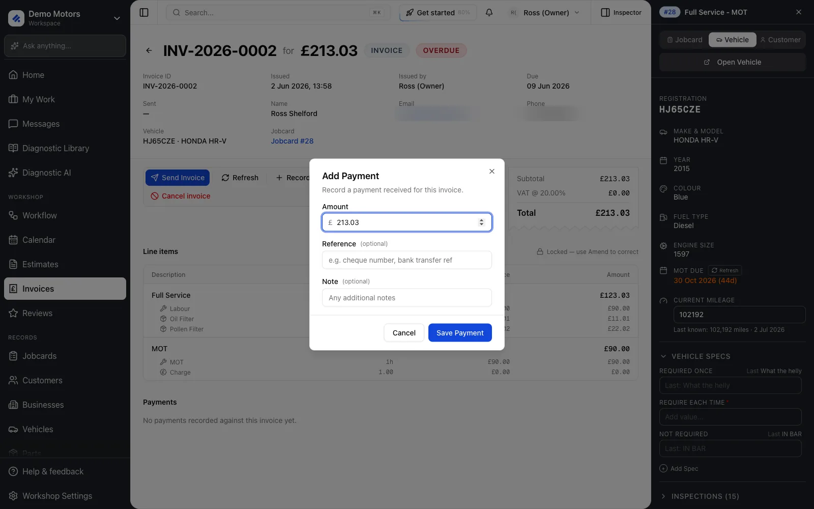 The Add Payment dialog pre-fills the balance due.