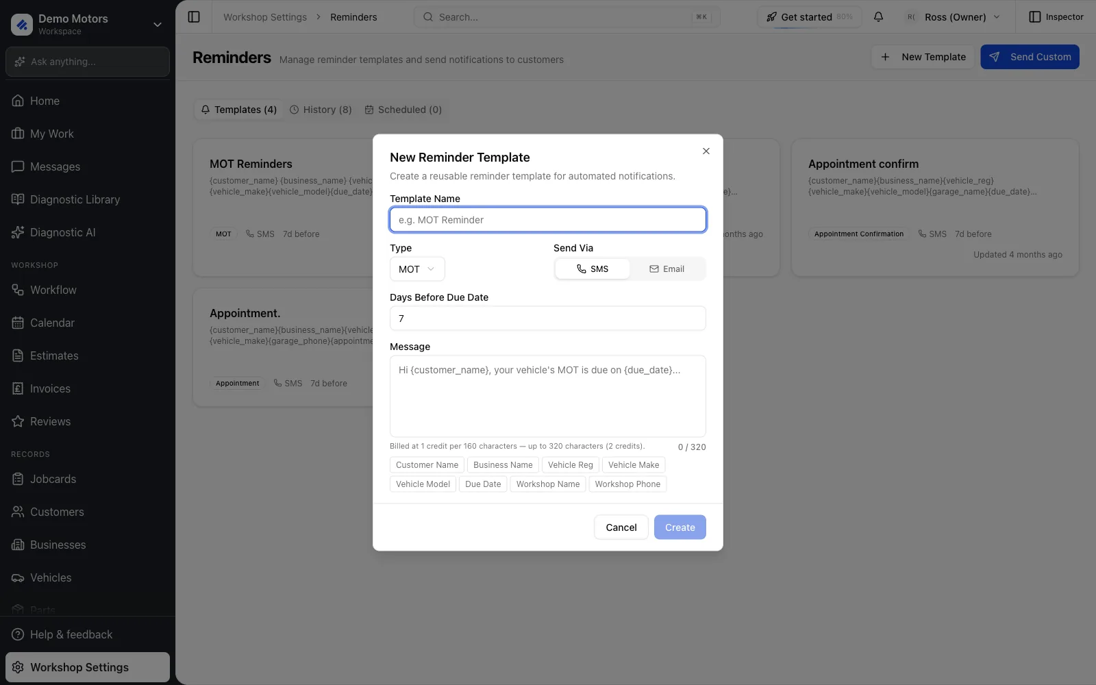 Pick the type and channel when creating a template.