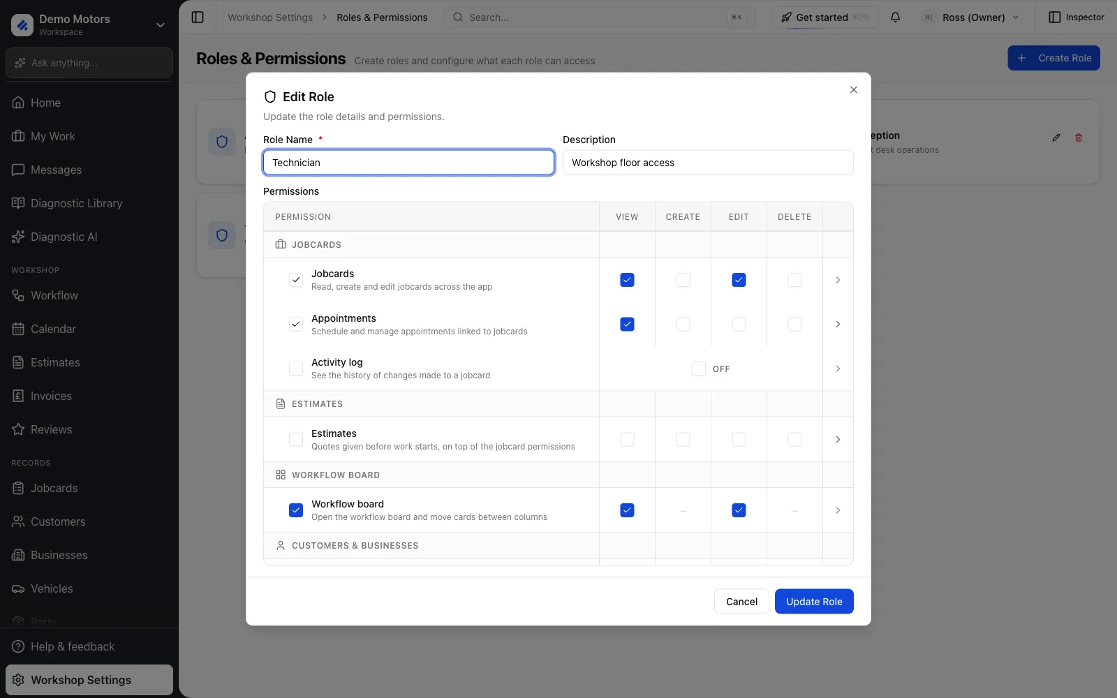 Permissions are toggled per role in Workshop Settings → Roles & Permissions.
