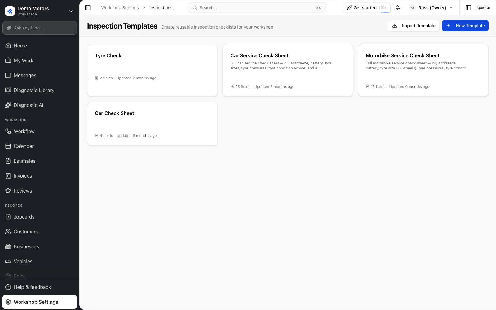Workshop Settings → Inspection Templates.