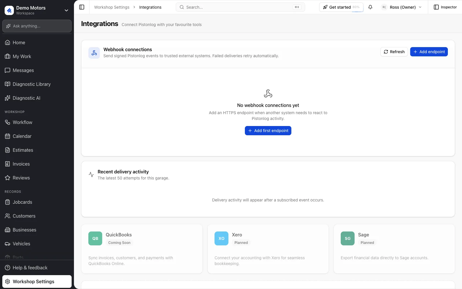 Integrations: webhook endpoints plus the accounting connectors and their status.