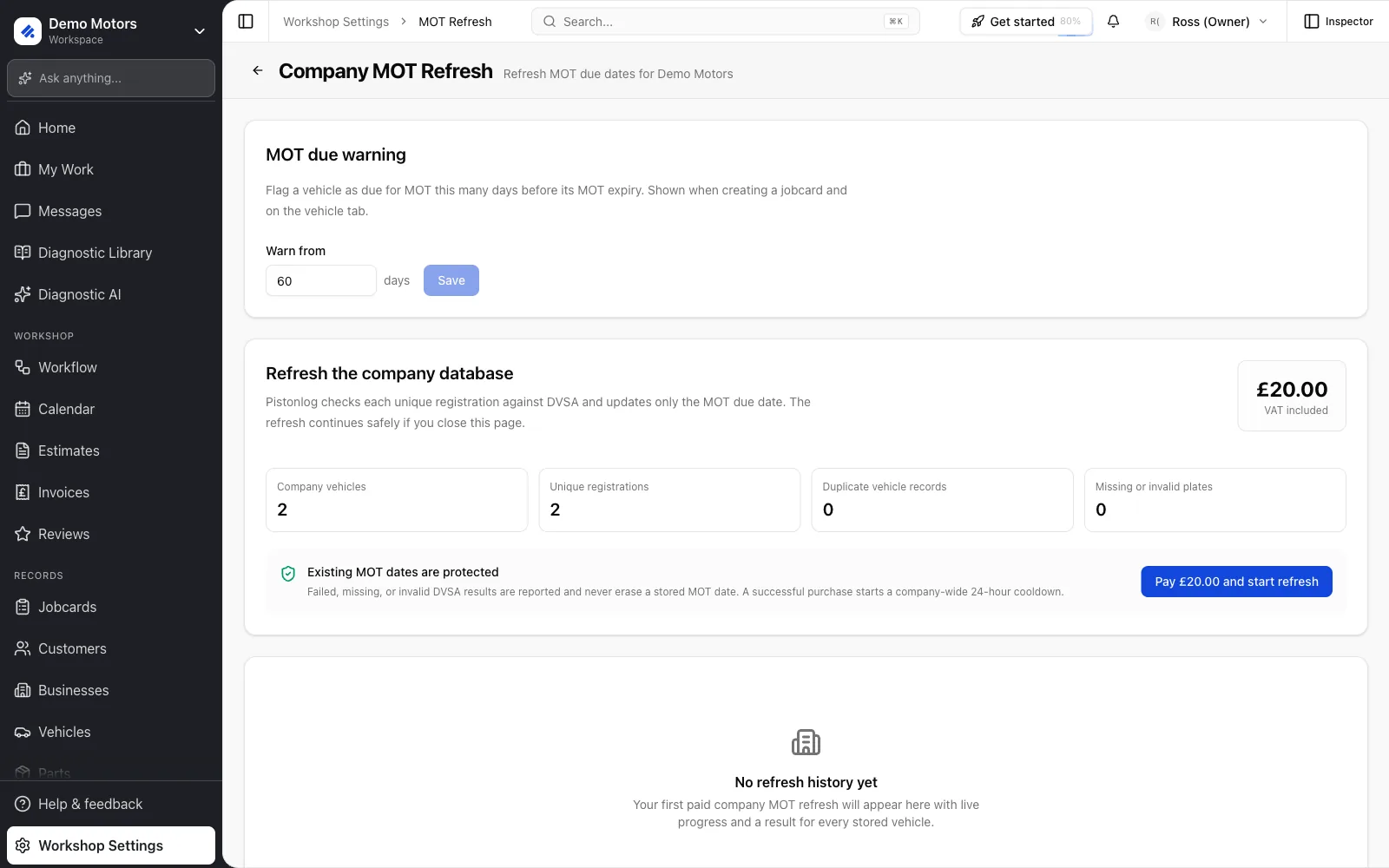 Company MOT Refresh: the MOT due warning threshold sits above the paid company-wide refresh.