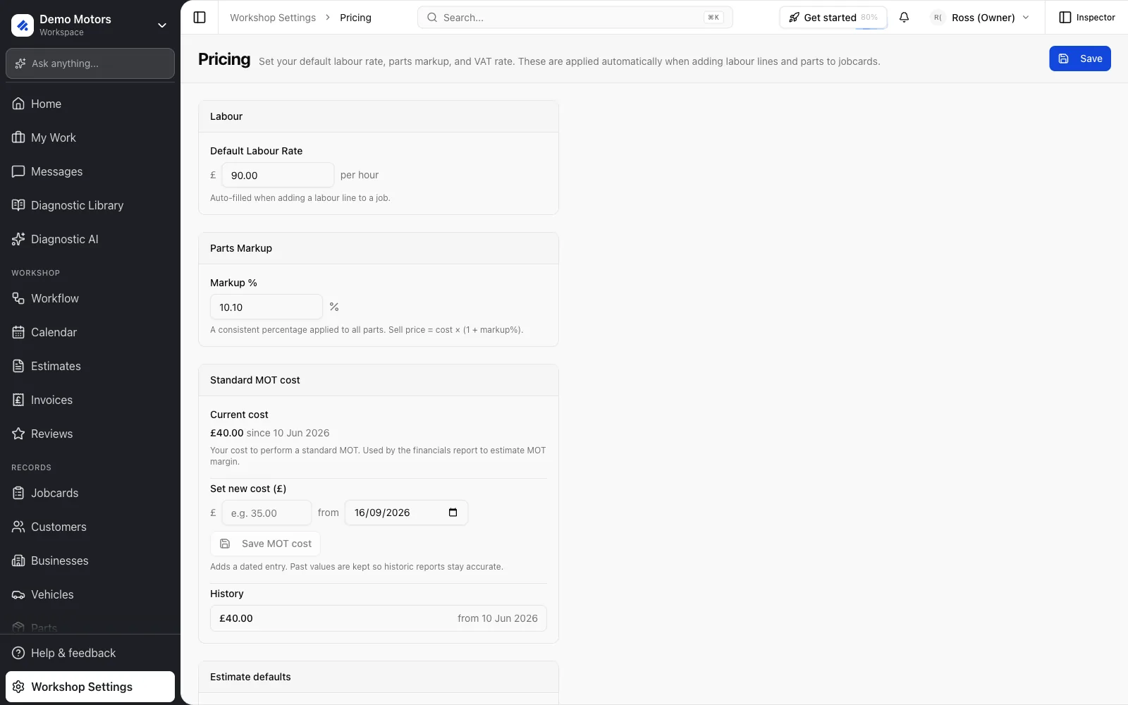 Workshop Settings → Pricing: labour rate, parts markup, standard MOT cost and estimate defaults.