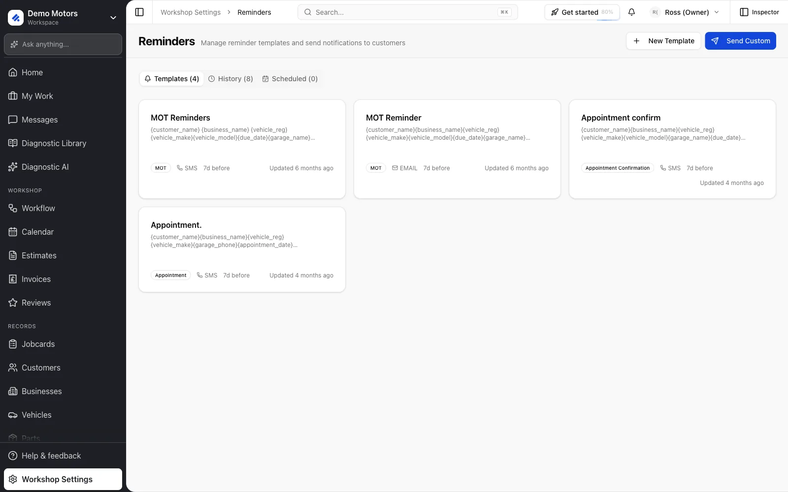 Workshop Settings → Reminders: templates, history and scheduled sends.