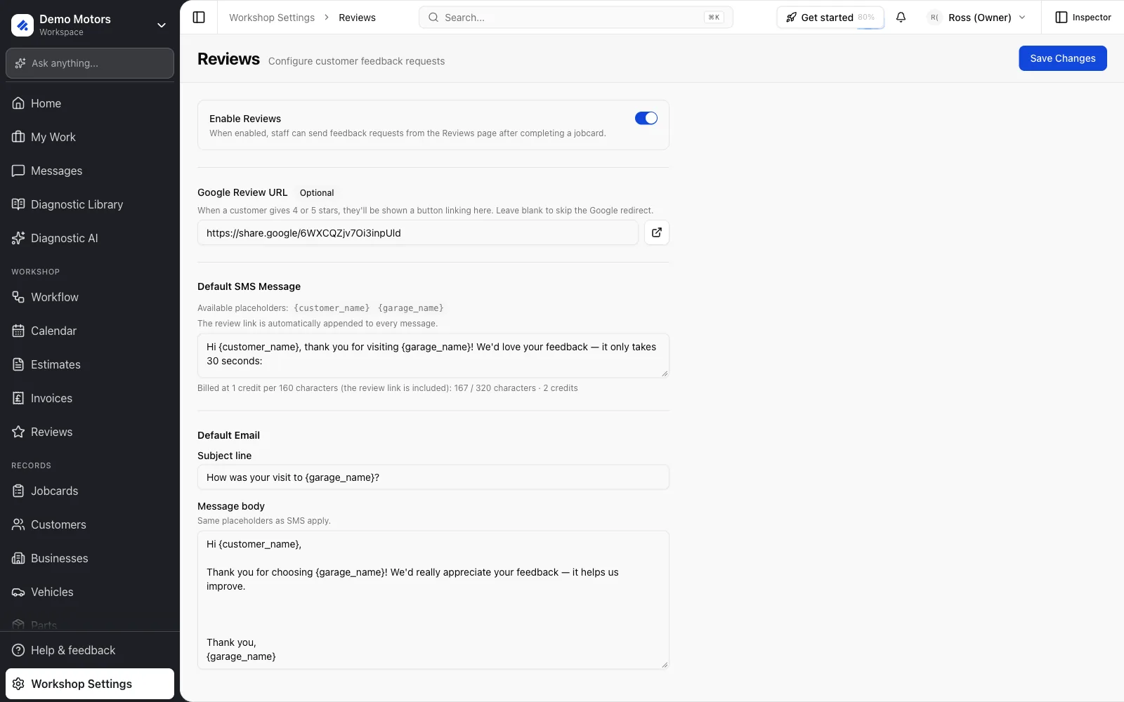 Workshop Settings → Reviews: enable toggle, Google review URL, default SMS and email.