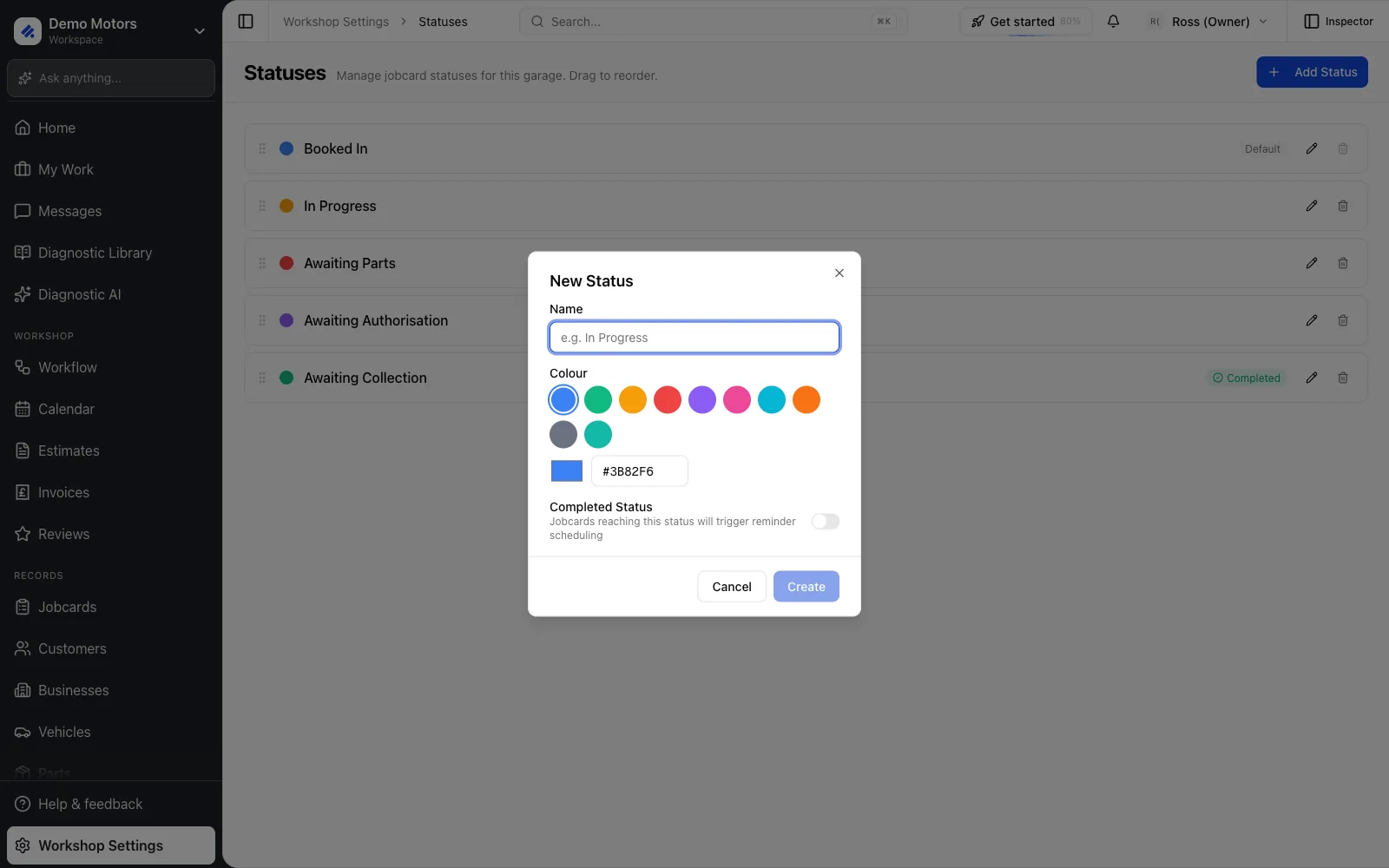The New Status dialog: name, colour and the Completed Status toggle.