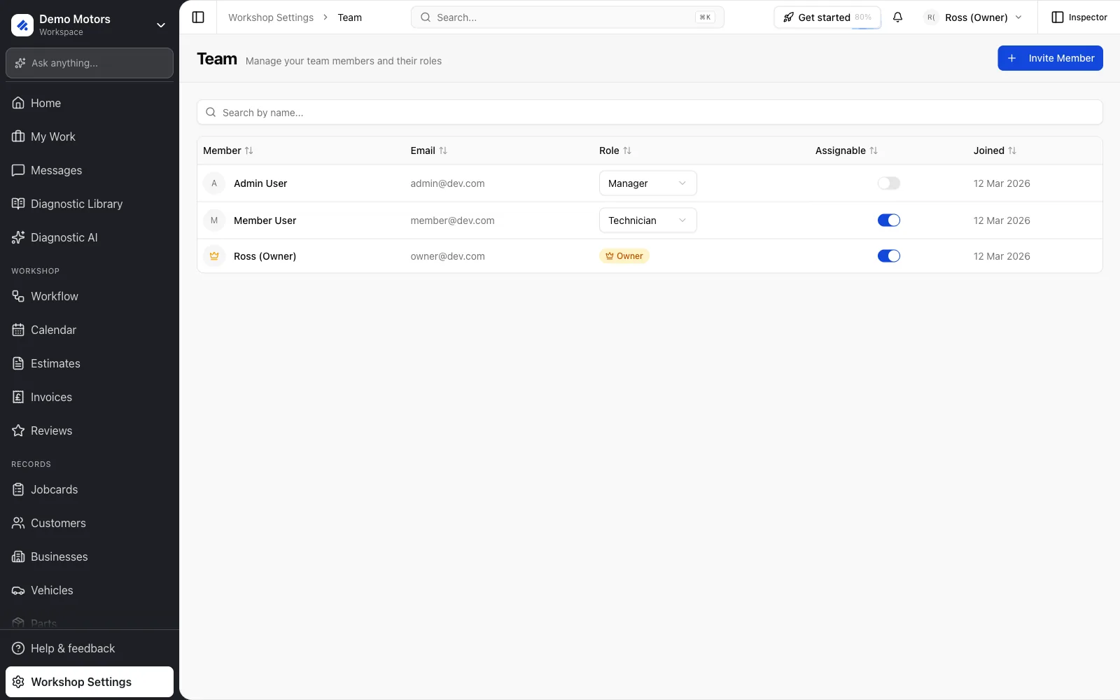 Workshop Settings → Team: members, roles and the Assignable toggle.
