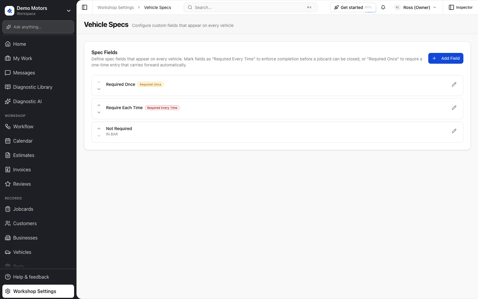 Workshop Settings → Vehicle Specs.