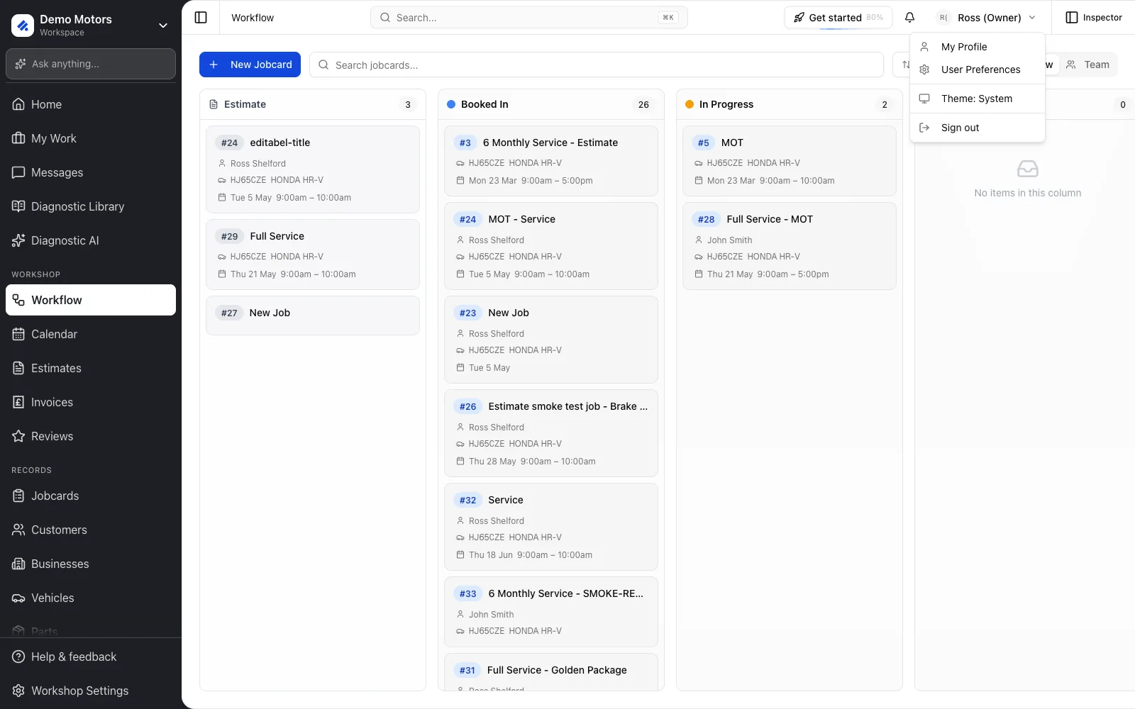 The avatar menu: My Profile, User Preferences, theme and Sign out.