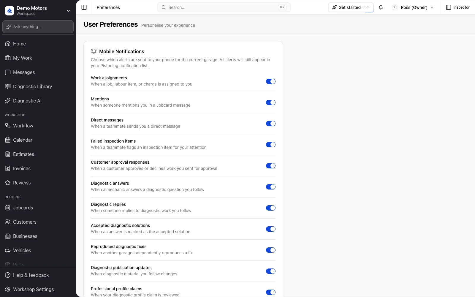 User Preferences: Mobile Notifications per garage, then landing page and Inspector tab.