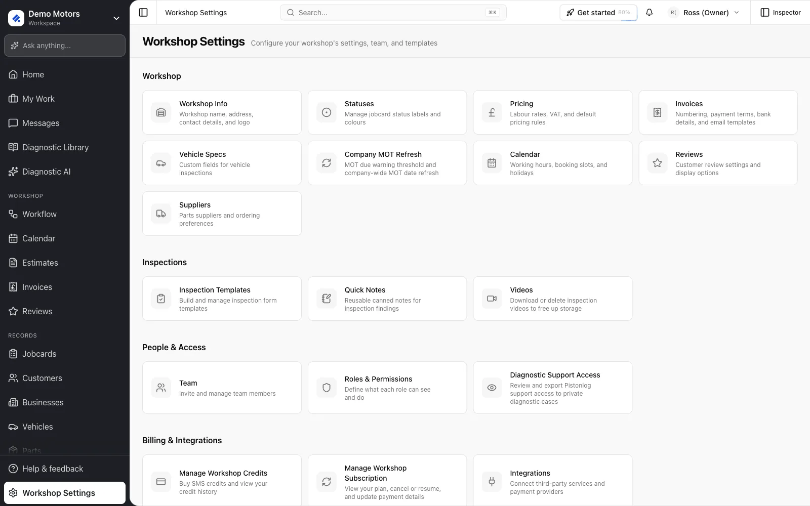 Workshop Settings groups everything you configure after signup.