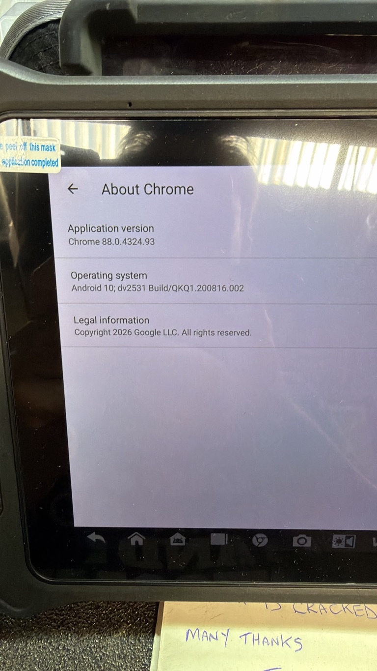 About Chrome screen showing Chrome 88 on an Android 10 workshop tablet